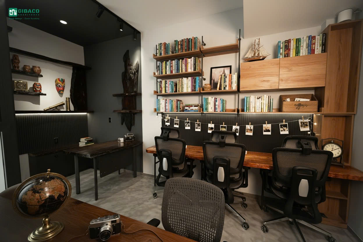 Phòng học và làm việc gia đình thi công hoàn thiện tông màu đậm